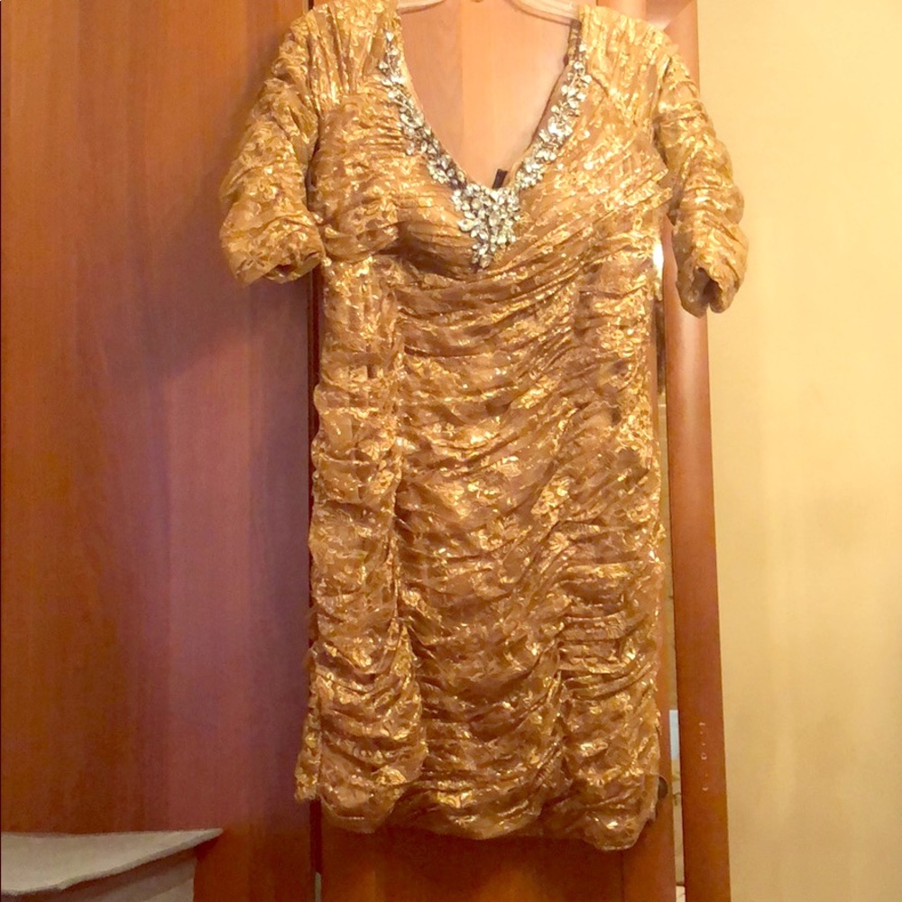 Terani Couture Gold Embroided Dress with Jewels